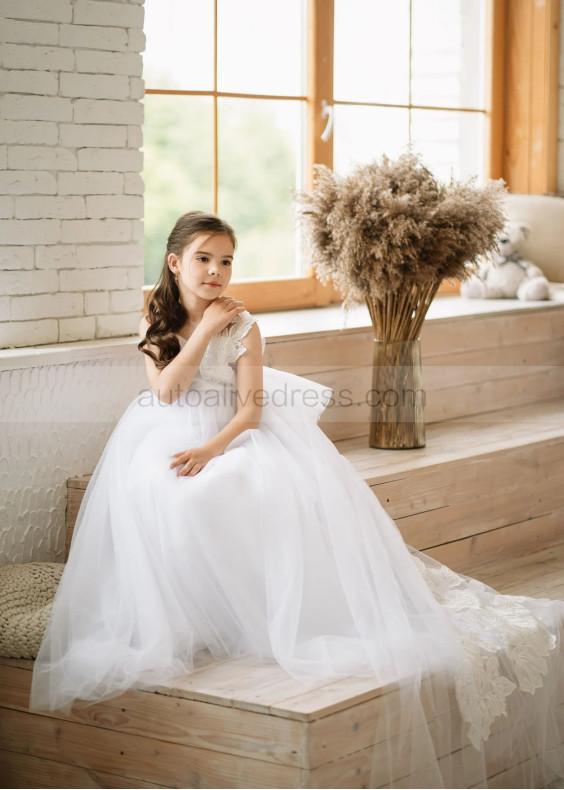 White Lace Tulle Transparent Back Flower Girl Dress
